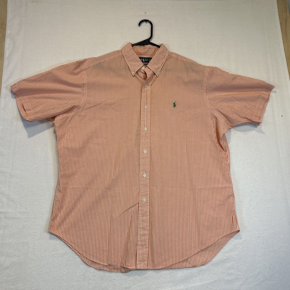 Ralph Lauren Shirt Mens XL Classic Fit Striped Button Down Short Sleeve Orange